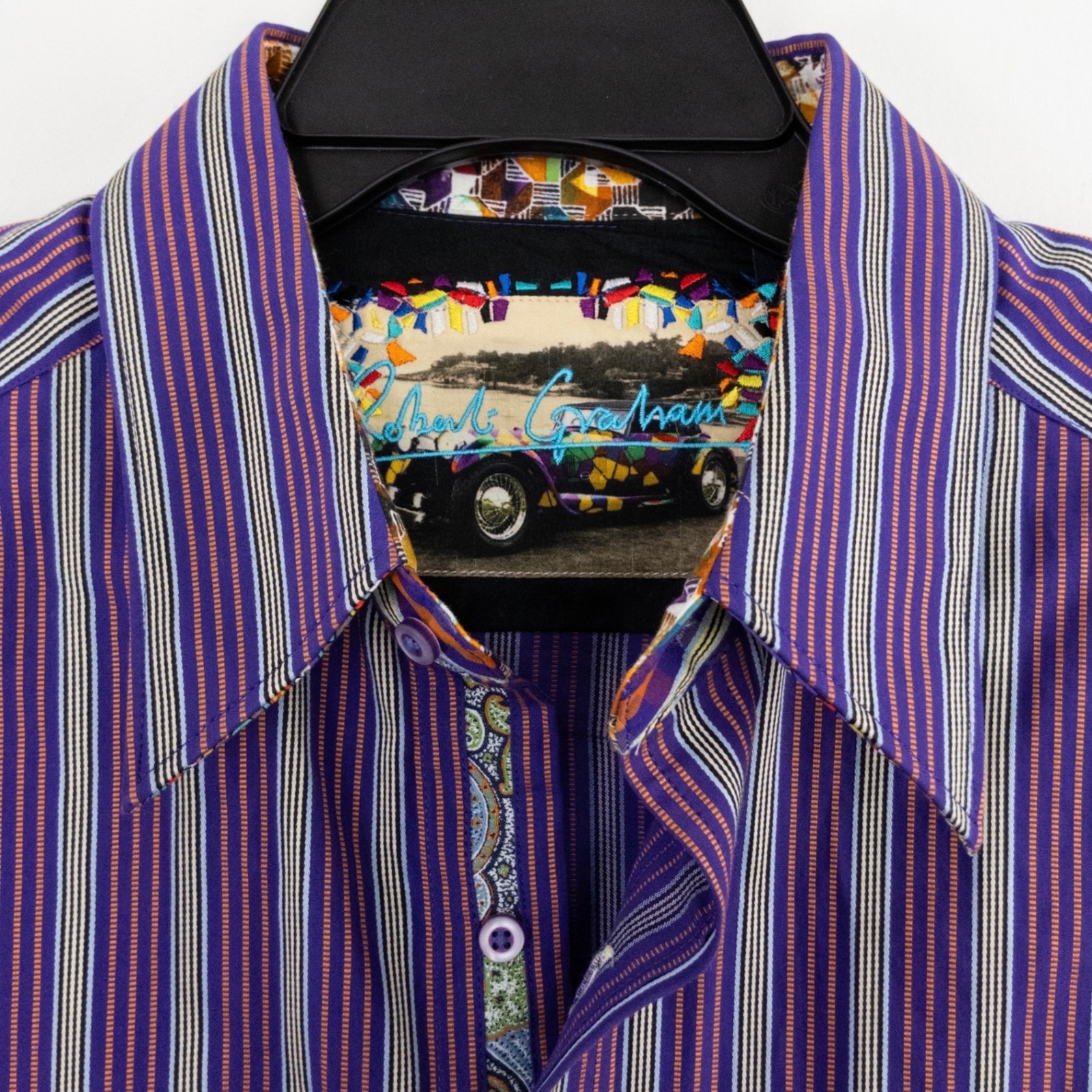 Robert Graham Shirt Mens Large Purple Stripe Flip Cuff Design Button Up Colorful